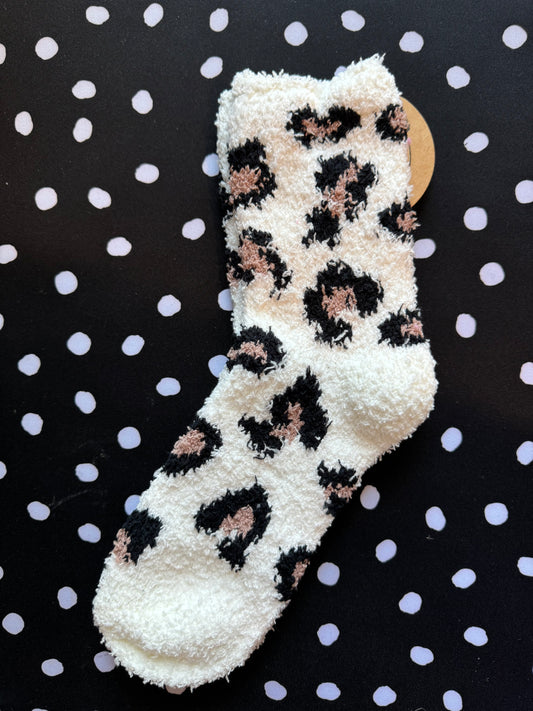 Leopard Fuzzy Socks- White