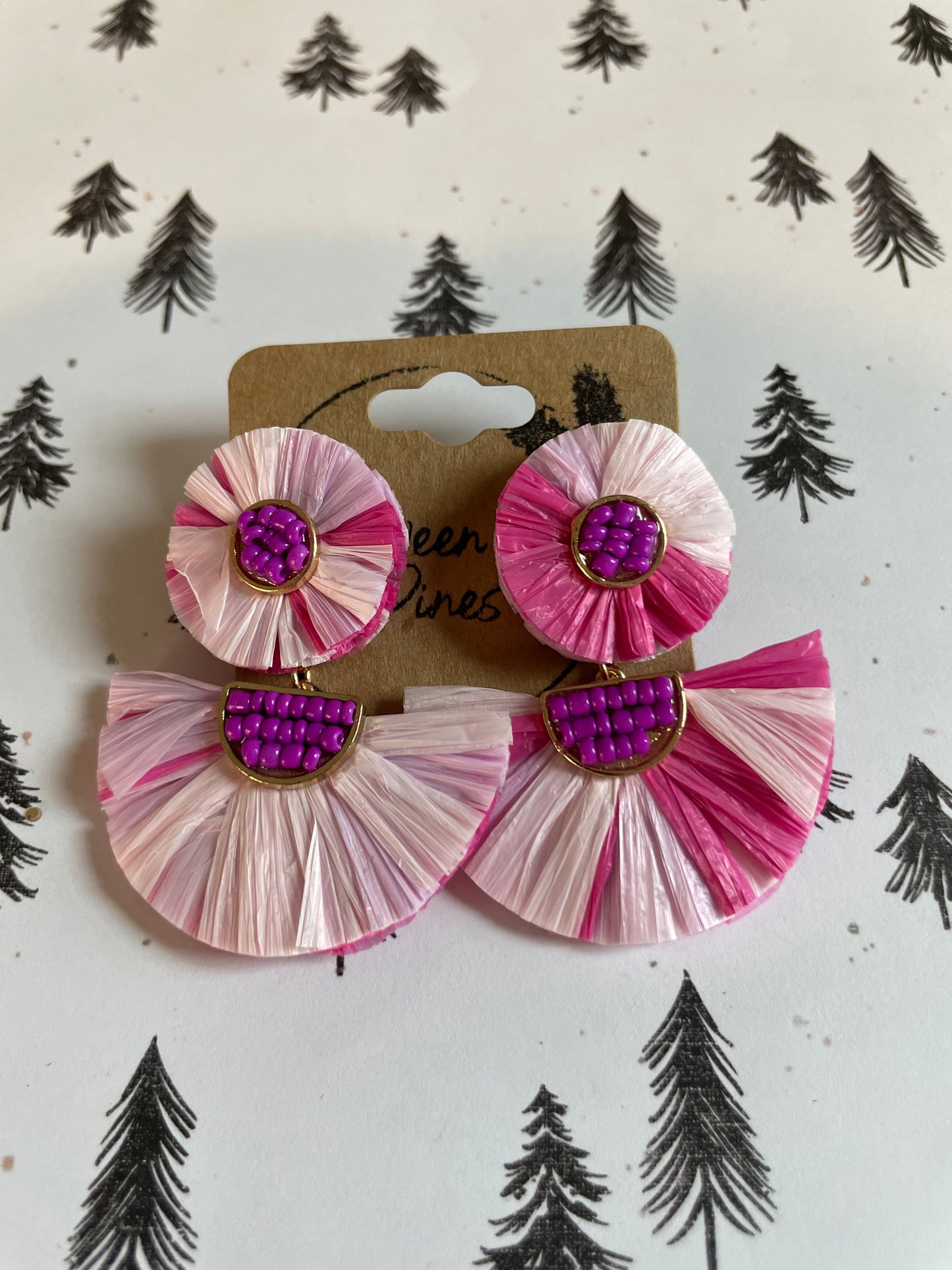 Raffia Fan Beaded Earrings-Pink