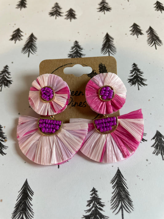 Raffia Fan Beaded Earrings-Pink