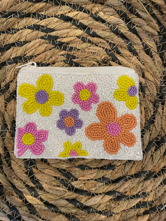 Retro Flower Beaded Zip Pouch