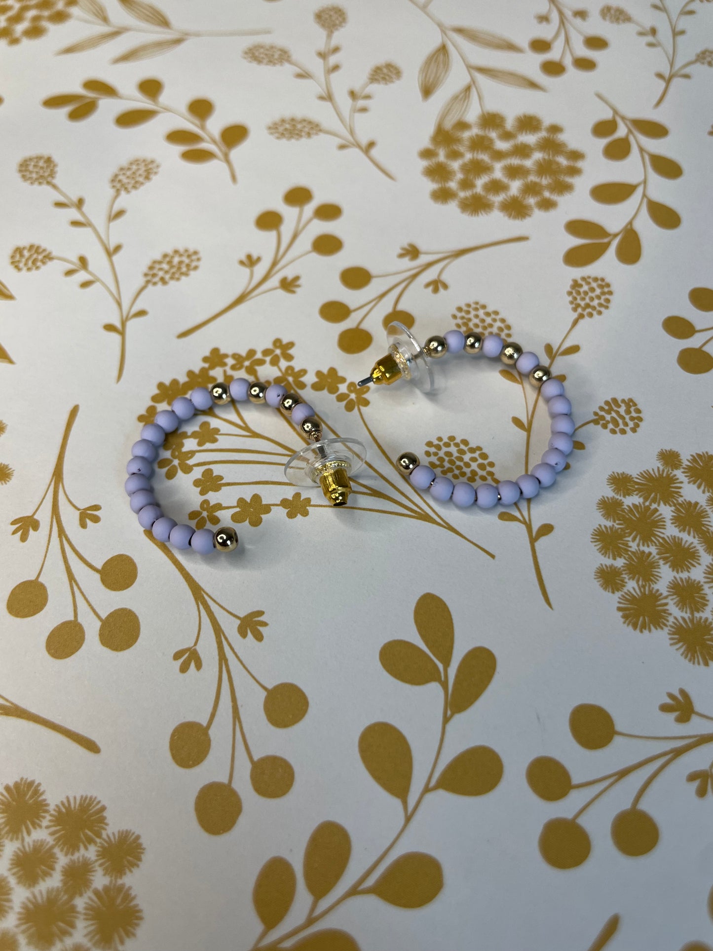 Lavender & Gold Bead Hoop Earrings