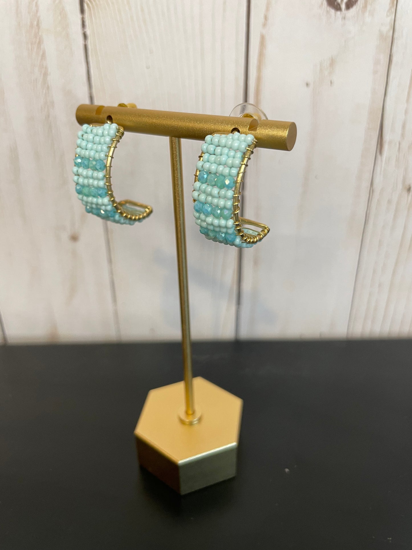 Teal Beaded Half Hoops